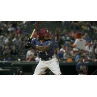 Frisco RoughRiders left fielder LeDarious Clark at the plate