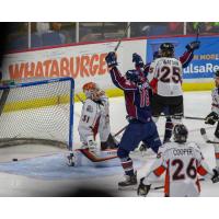 Tulsa Oilers celebrate a goal against the Kansas City Mavericks