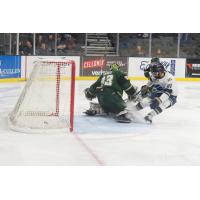 Austen Swankler of the Sioux Falls Stampede scores in the fourth overtime vs. the Sioux City Musketeers