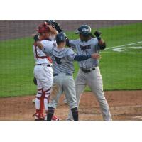 Jimmy Paredes with the Somerset Patriots celebrates his homer