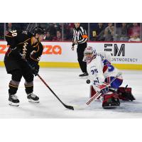 Cleveland Monsters left wing Nathan Gerbe shoots against the Laval Rocket