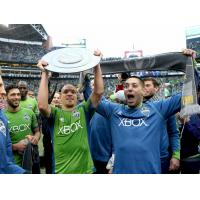 Seattle Sounders FC celebrates after defeating the LA Galaxy to claim the 2014 Supporters' Shield