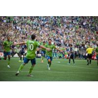 Seattle Sounders FC celebrate a goal against the LA Galaxy on September 1, 2019