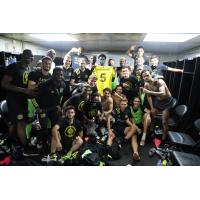 Columbus Crew SC holds Vito Wormgoor's jersey after beating the New York Red Bulls