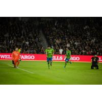 Raul Ruidiaz celebrates one of his two goals in last season's 3-1 win over LAFC in the Western Conference Championship