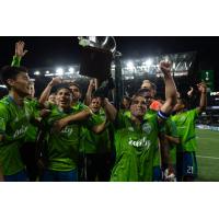 Seattle Sounders FC hoists the Cascadia Cup after securing the trophy in 2019 with a 2-1 win at the Portland Timbers