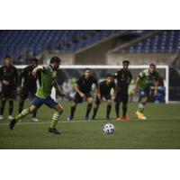 Nico Lodeiro of Seattle Sounders FC takes a penalty kick vs. LAFC