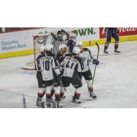 Vancouver Giants celebrate a Justin Sourdif goal vs. the Kamloops Blazers