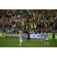 Raul Ruidiaz of Seattle Sounders FC exhorts the crowd after his goal against Santos Laguna