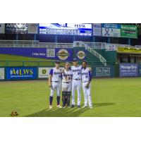 Fort Myers Mighty Mussels pitchers David Festa, Jaylen Nowlin and Hunter McMahon along with catcher Dillon Tatum