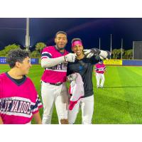 Pensacola Blue Wahoos celebrate a walk-off win