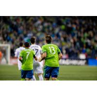 Jordan Morris and Cristian Roldan of Seattle Sounders FC