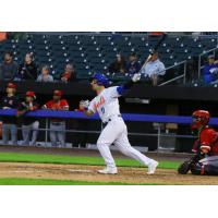 Nick Dini of the Syracuse Mets watches his home run fly out of the stadium
