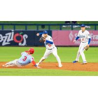 Jacob Amaya of the Tulsa Drillers records two outs with a 6-3 double play against the Springfield Cardinals