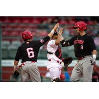 Ottawa Titans outfielders Will Zimmerman (left) and Jacob Sanford exchange high fives