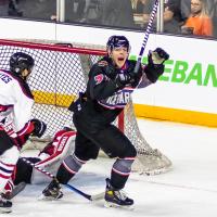 Razmuz Waxin-Engback reacts after a goal for the Knoxville Ice Bears