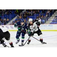 Vancouver Giants centre Colton Langkow (right) vs. the Seattle Thunderbirds