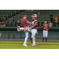 Kansas City Monarchs pitcher Jameson McGrane and catcher Alexis Olmeda