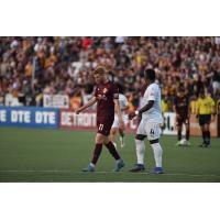 Detroit City FC' Connor Rutz and Indy Eleven's Mechack Jérôme on the field