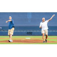 Tom Henke and Mike Mason throw out the first pitch for the Tulsa Drillers