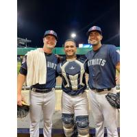 Somerset Patriots pitcher Steven Jennings, catcher Rodolfo Duran and pitcher Yoendrys Gomez