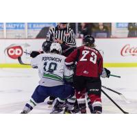 Vancouver Giants' Tyler Popowich and Seattle Thunderbirds' Kyle Bochek