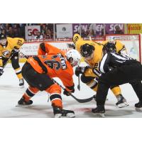 Lehigh Valley Phantoms' Zack MacEwen versus Wilkes-Barre/Scranton Penguins' Tyler Sikura