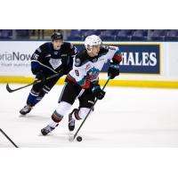 Kelowna Rockets' Marcus Pacheco and Victoria Royals' Reggie Newman on the ice