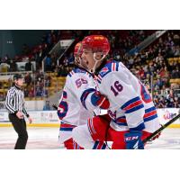 Kitchener Rangers' Reid Valade and Carson Rehkopf celebrate win