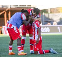 Atlético Ottawa 1 reacts after their goal against Pacific FC