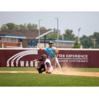 Fond du Lac Dock Spiders attempt to turn a double play against the Wisconsin Rapids Rafters