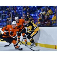 Lehigh Valley Phantoms' Wyatte Wylie battles Wilkes-Barre/Scranton Penguins' Evan Vierling