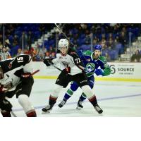 Vancouver Giants' Tyler Thorpe and Swift Current Broncos' Van Eger in action