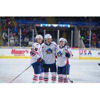 Springfield Thunderbirds' Zachary Bolduc, Dylan Coghlan and Hugh McGing on game night