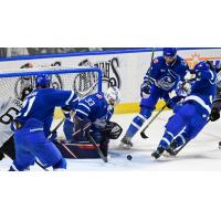 Wichita Thunder goaltender Trevor Gorsuch eyes a loose puck