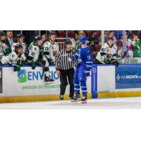 Wichita Thunder forward Bradley Marek exchanges pleasantries with the Utah Grizzlies