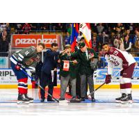 Kitchener Rangers' Carson Rehkopf and Peterborough Petes' Donovan McCoy on Remembrance Day Game