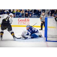 Worcester Railers goaltender Tristan Lennox makes a save against the Newfoundland Growlers