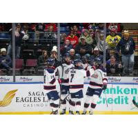 Saginaw Spirit celebrate a goal against the Niagara IceDogs