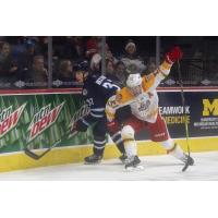 Manitoba Moose's Henri Nikkanen battles Grand Rapids Griffins' Austin Czarnik