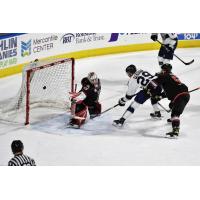 Worcester Railers' Riley Piercey versus Adirondack Thunder's Jeremy Brodeur