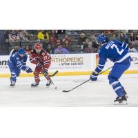 Wichita Thunder defensemen Nolan Kneen (left) and Jeremy Masella vs. the Rapid City Rush