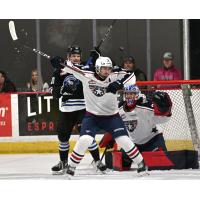 Wenatchee Wild's Evan Friesen and Lukas Matecha and Tri-City Americans' Ethan Peters on game night