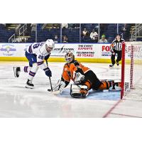 Bridgeport Islanders' William Dufour battles Lehigh Valley Phantoms' Parker Gahagen