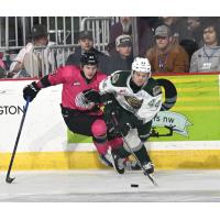 Everett Silvertips' Parker Berge and Wenatchee Wild's Rodzers Bukarts in action