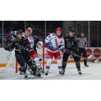 Peterborough Petes defend the goal against the Kitchener Rangers