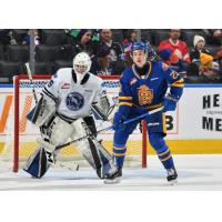 Wenatchee Wild's Brendan Gee and Edmonton Oil Kings' Landon Hanson on game night