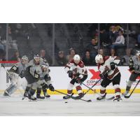 Henderson Silver Knights' Jesper Vikman and Jakub Brabenec battle Tucson Roadrunners' Jan Jenik and Aku Raty