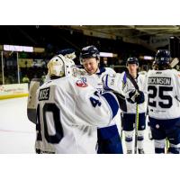 Goaltender John Muse and the Worcester Railers offer congratulations after a win