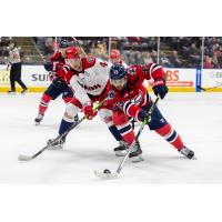 Allen Americans' Nolan Orzeck and Kalamazoo Wings' Quinn Preston in action